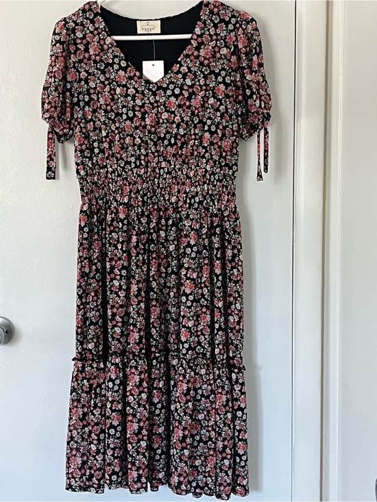 Ember Dresses & Skirts - Ember Women’s Small Black Floral Tiered Dress with Pink and White Blossoms